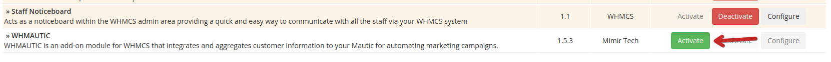 WHMCS 7 activation of WHMCS &amp; Mautic Integration Module